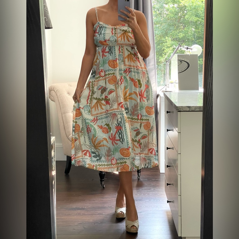 New! Tropical Print Spaghetti Strap Midi Woman’s Dress with Full Skirt size S